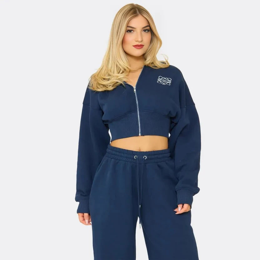 Swirl Graphic Zip-Up Cropped Hoodie & Wide-Leg Jogger Set