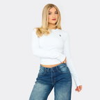 Long Sleeve Logo Detail Fitted Top In White Cotton Jersey