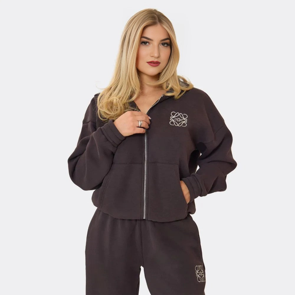 Chocolate Brown Embroidered Swirl Logo Zip Up Hoodie & Wide Leg Joggers Set