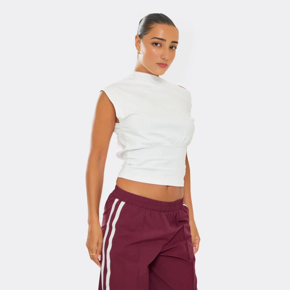 Slash Neck Cinched Waist Detail T-Shirt – White