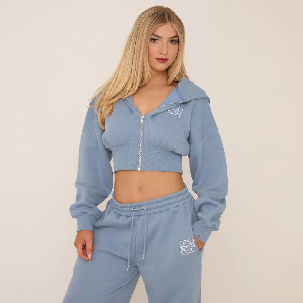 Tie Waist Swirl Graphic Detail Straight Leg Joggers & Cropped Hoodie Co-Ord Set – Blue