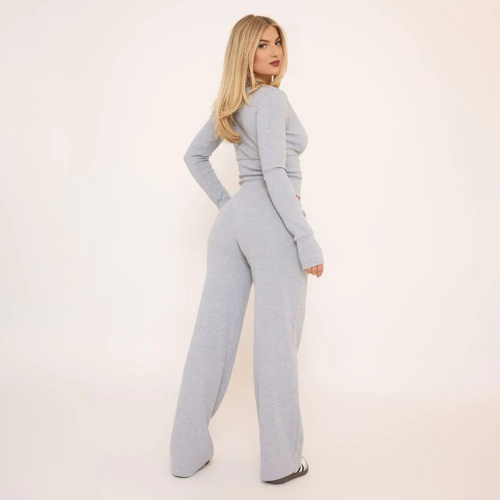 Grey Ribbed Button-Up Top & Straight Leg Trousers Set