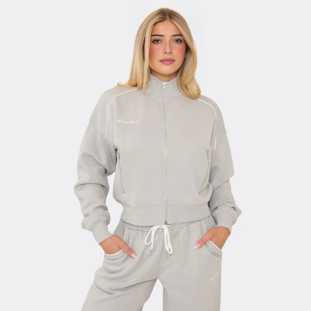 Contrast Piping ‘Min Min’ Embroidered Zip-Up Sweatshirt & Wide Leg Joggers In Grey