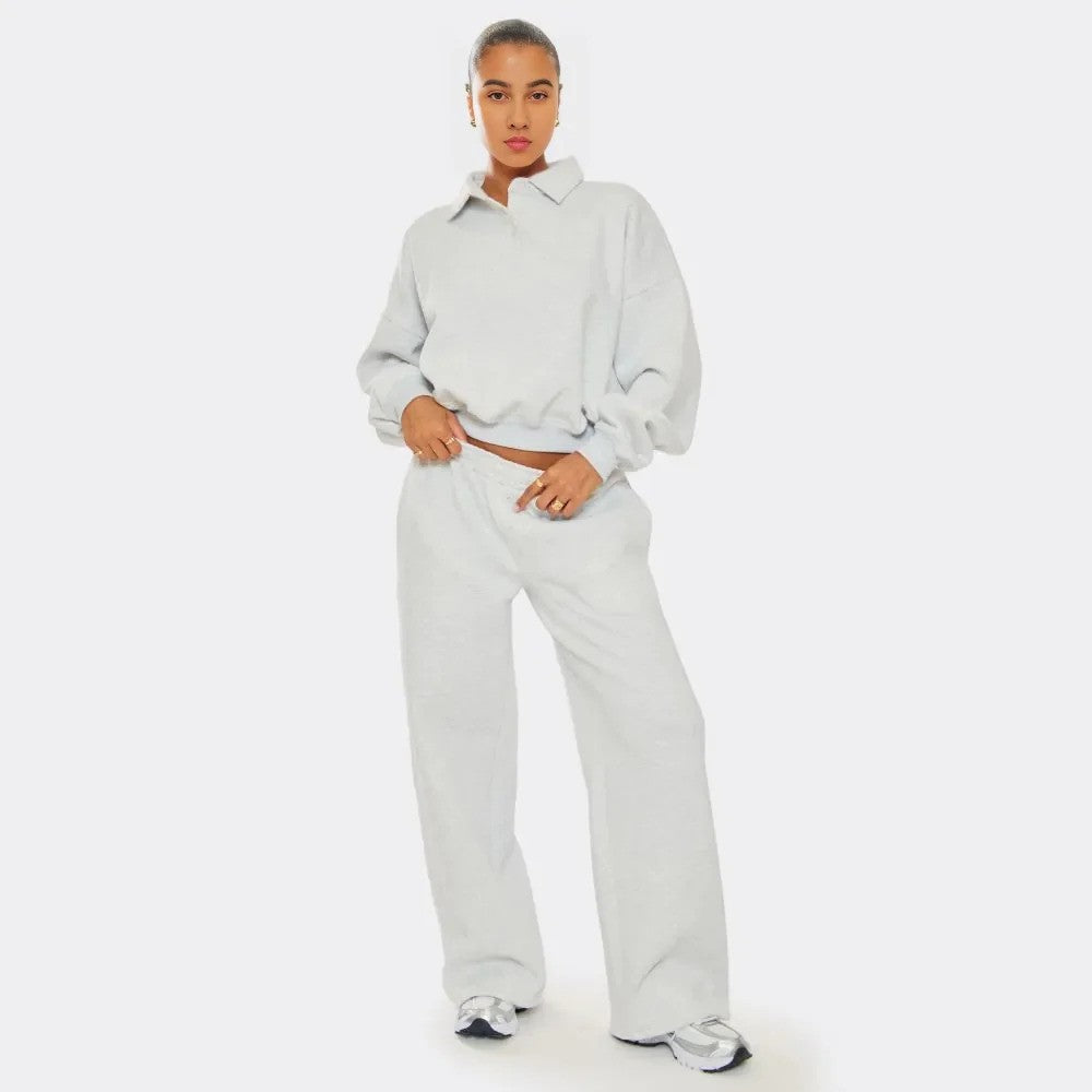 Light Grey Marl Polo Sweatshirt & Wide Leg Joggers – effortless comfort meets style