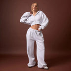 Swirl Graphic Cropped Hoodie & Straight Leg Joggers Co-Ord Set – Grey Marl