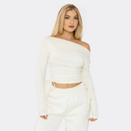Long Sleeve Asymmetric Cinched Waist Ruched Detail Top In Cream