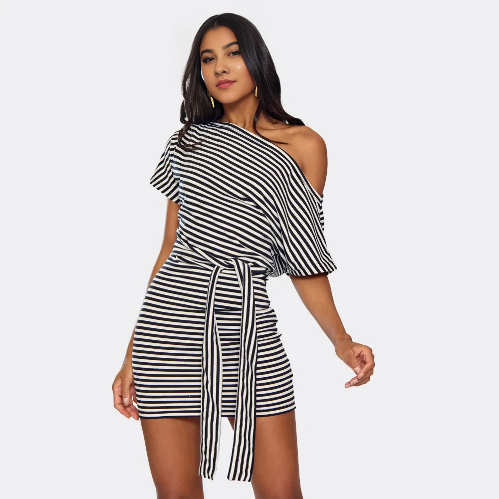 Off The Shoulder Belt Detail Mini Dress In Black Stripe