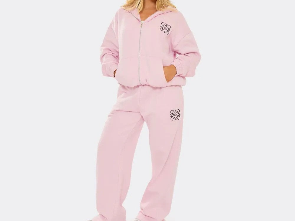 Pink Embroidered Swirl Logo Zip Up Hoodie & Wide Leg Joggers Set