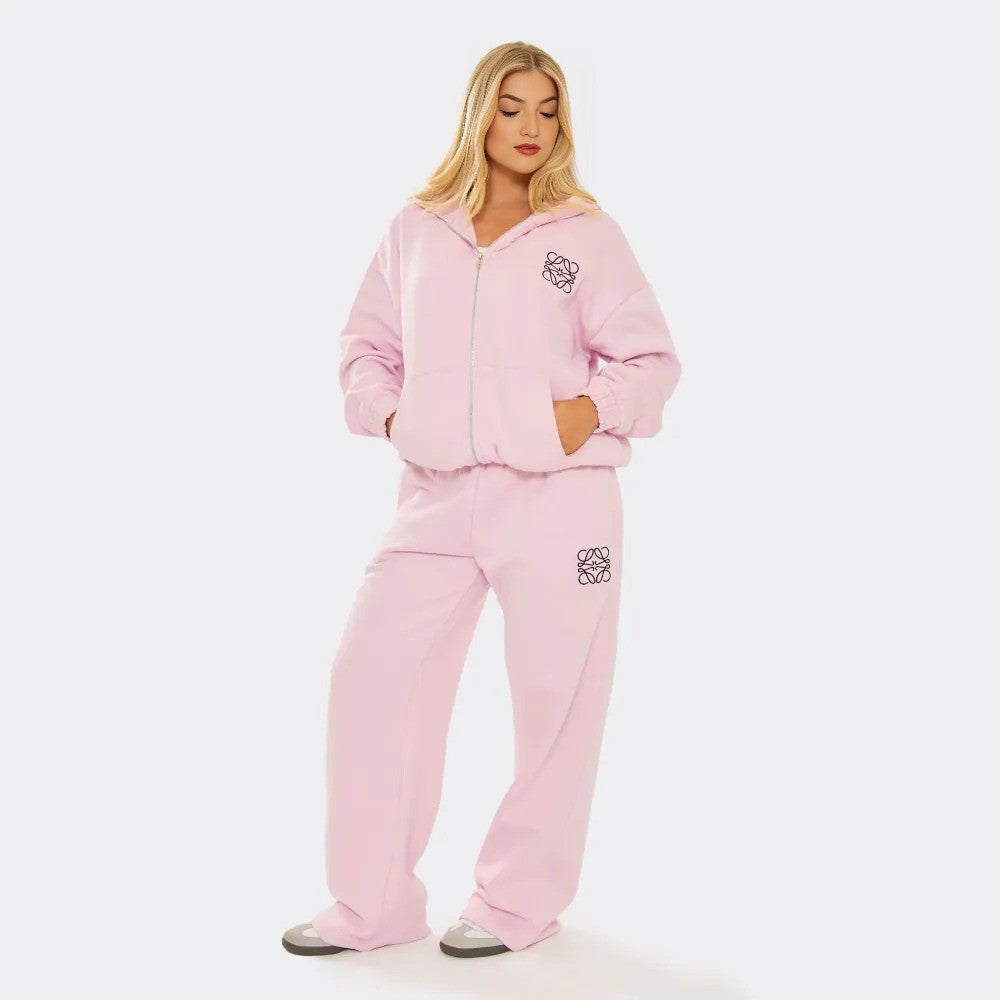 Pink Embroidered Swirl Logo Zip Up Hoodie & Wide Leg Joggers Set