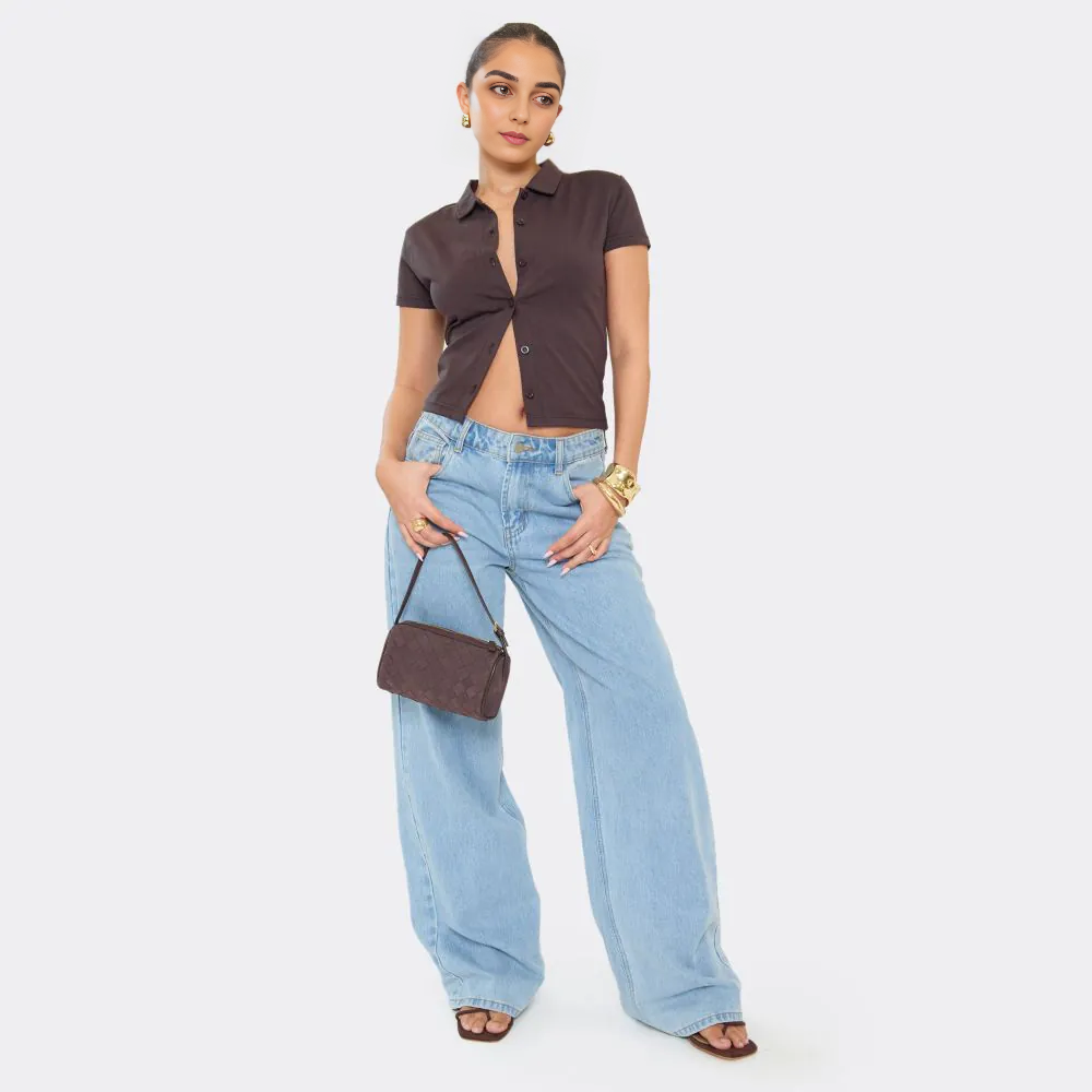 Short Sleeve Button Down T-Shirt In Chocolate Brown