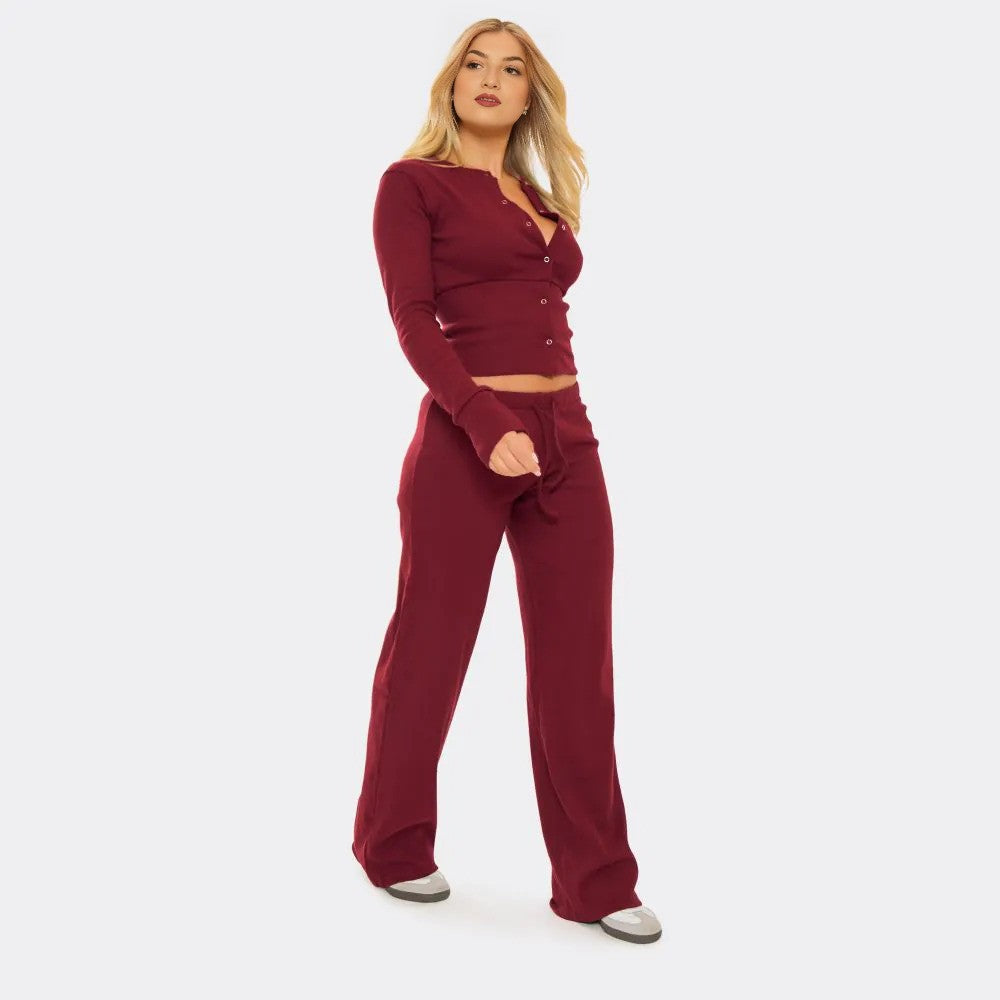 Ribbed Button Up Fitted Top & Drawstring Straight Leg Trousers Co-Ord Set – Burgundy