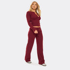 Ribbed Button Up Fitted Top & Drawstring Straight Leg Trousers Co-Ord Set – Burgundy