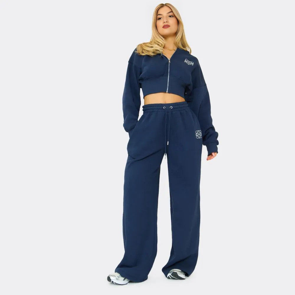 Navy Blue Swirl Graphic Cropped Hoodie & Straight Leg Joggers Set