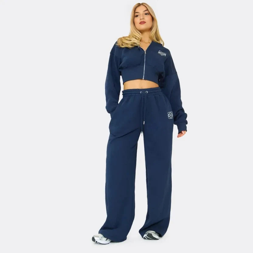 Swirl Graphic Zip-Up Cropped Hoodie & Wide-Leg Jogger Set