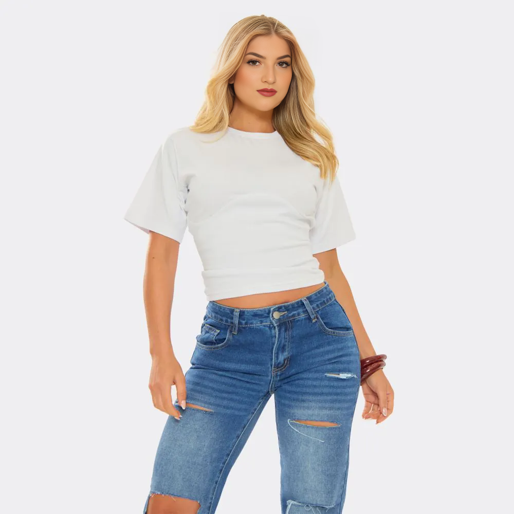 Short Sleeve Seam Under Bust Detail Fitted T-Shirt In White