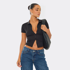 Short Sleeve Button Down T-Shirt In Black