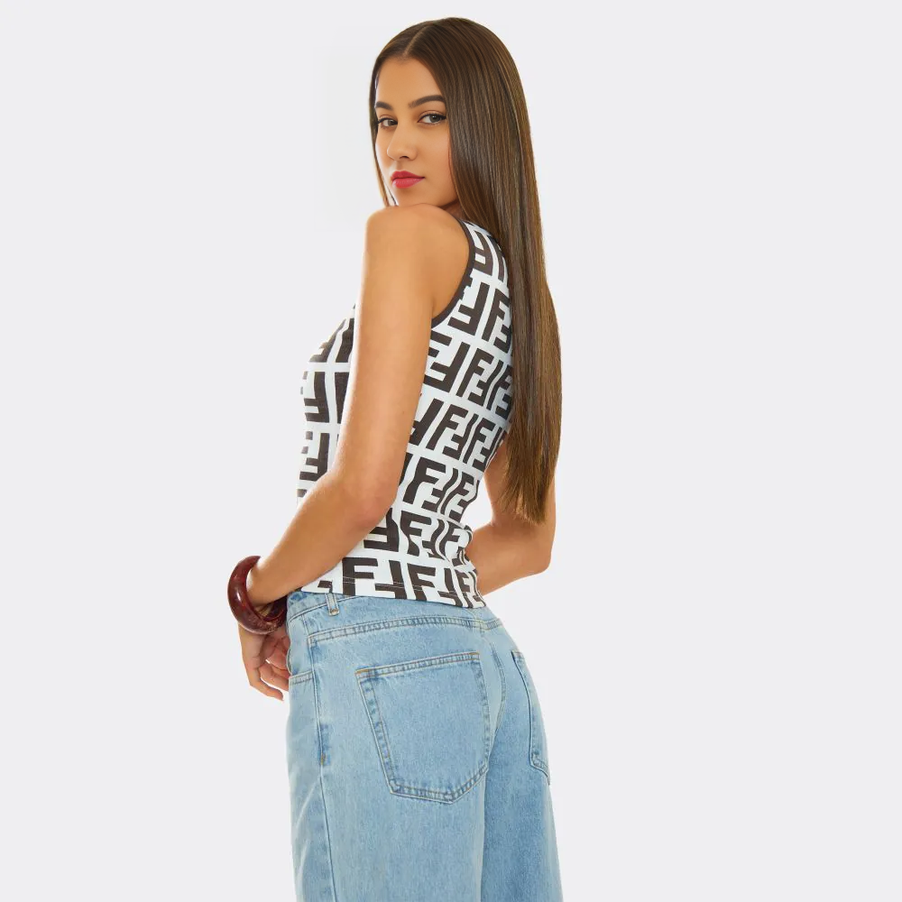 Scoop Neck Vest Top In Printed Rib